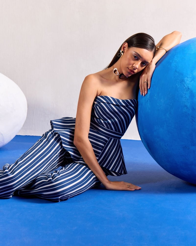 Blue/White Striped Bandeau Peplum Top and Pant Set