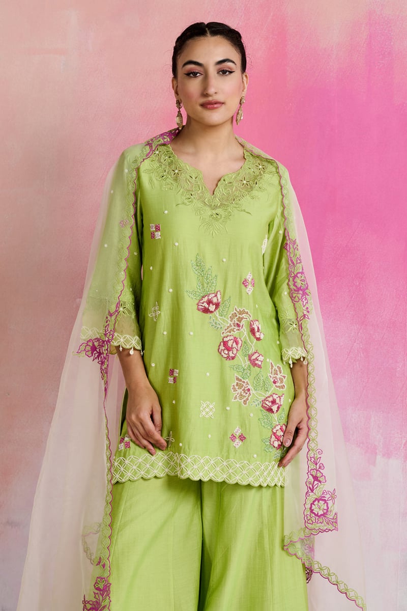 Green Chanderi Embroidered Kurta Sharara Set with Dupatta