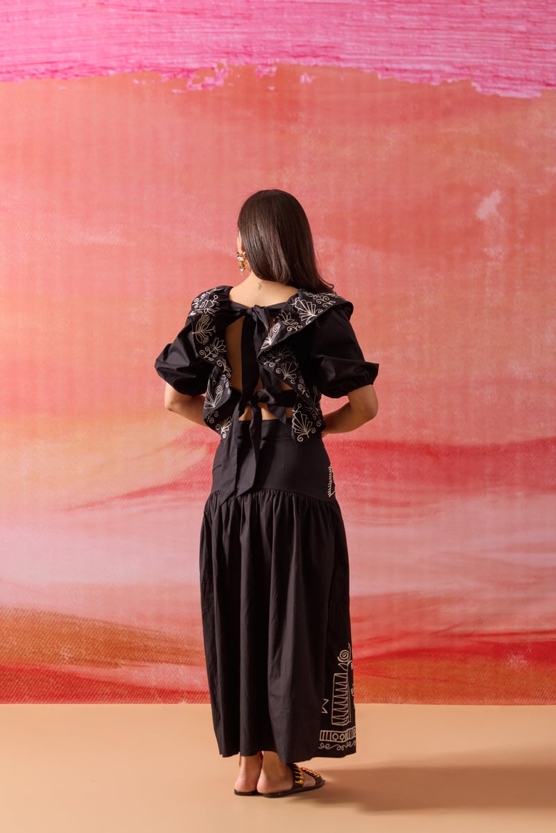 Black Embroidered Cropped Blouse and Midi Skirt Co-ord Set