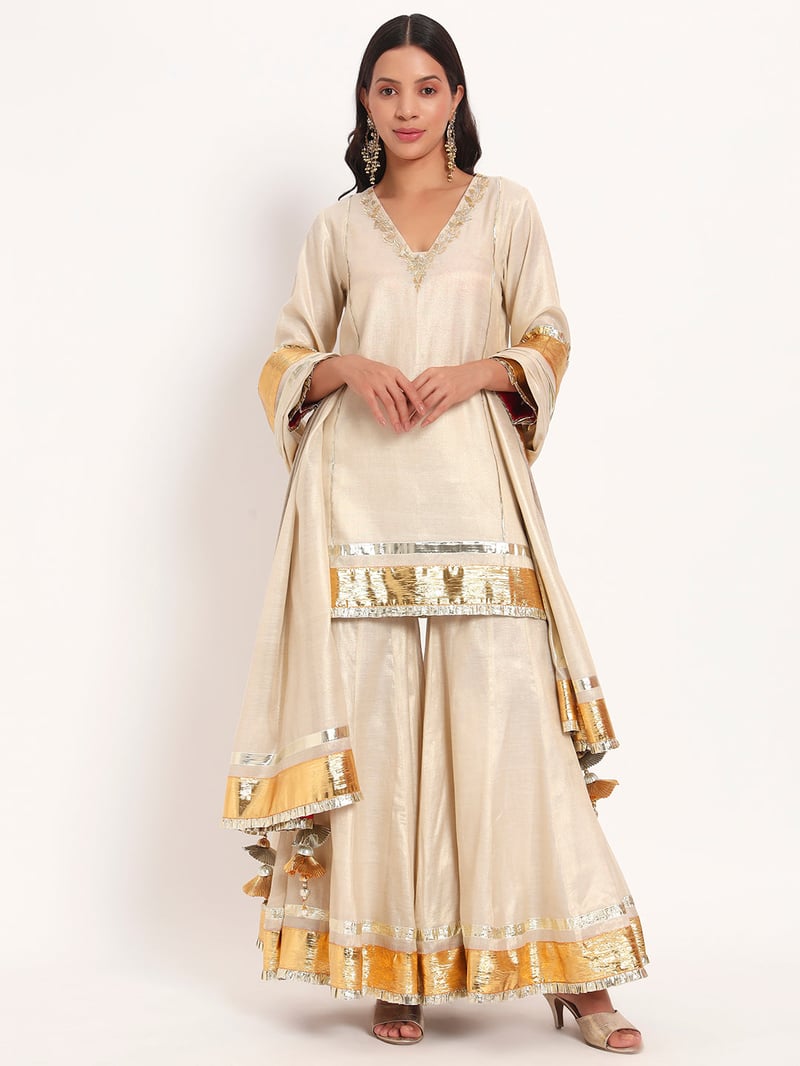 Golden Cotton Tissue Kurta Garara Set with Gotta Border — Gotta Kinari
