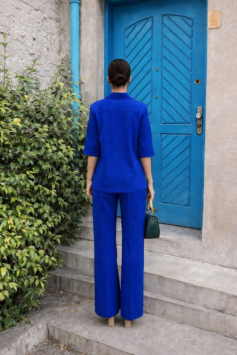 Blue Half-Zip Collared Co-ord Set with Wide-Leg Pants