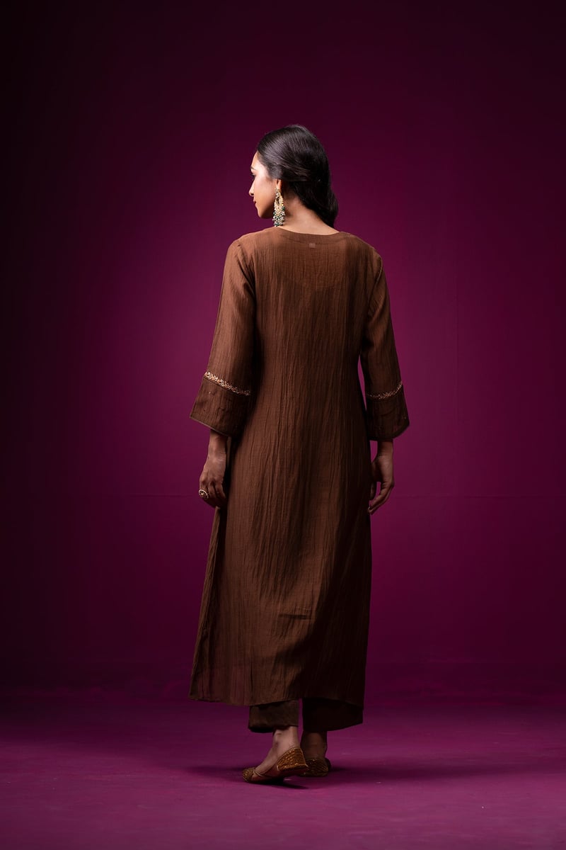 Brown Silk Chanderi Hand-Embroidered Kurta Set