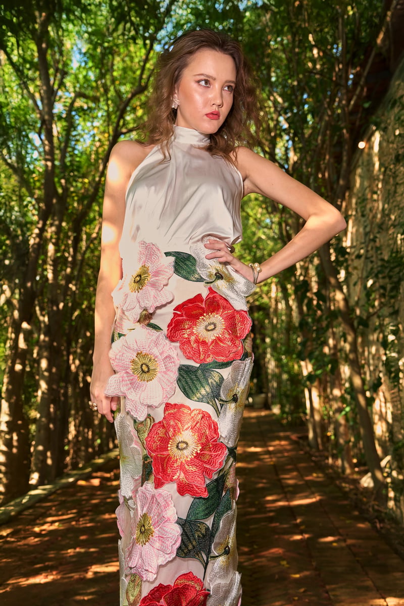 Multicolor 3D Floral Applique Midi Pencil Skirt