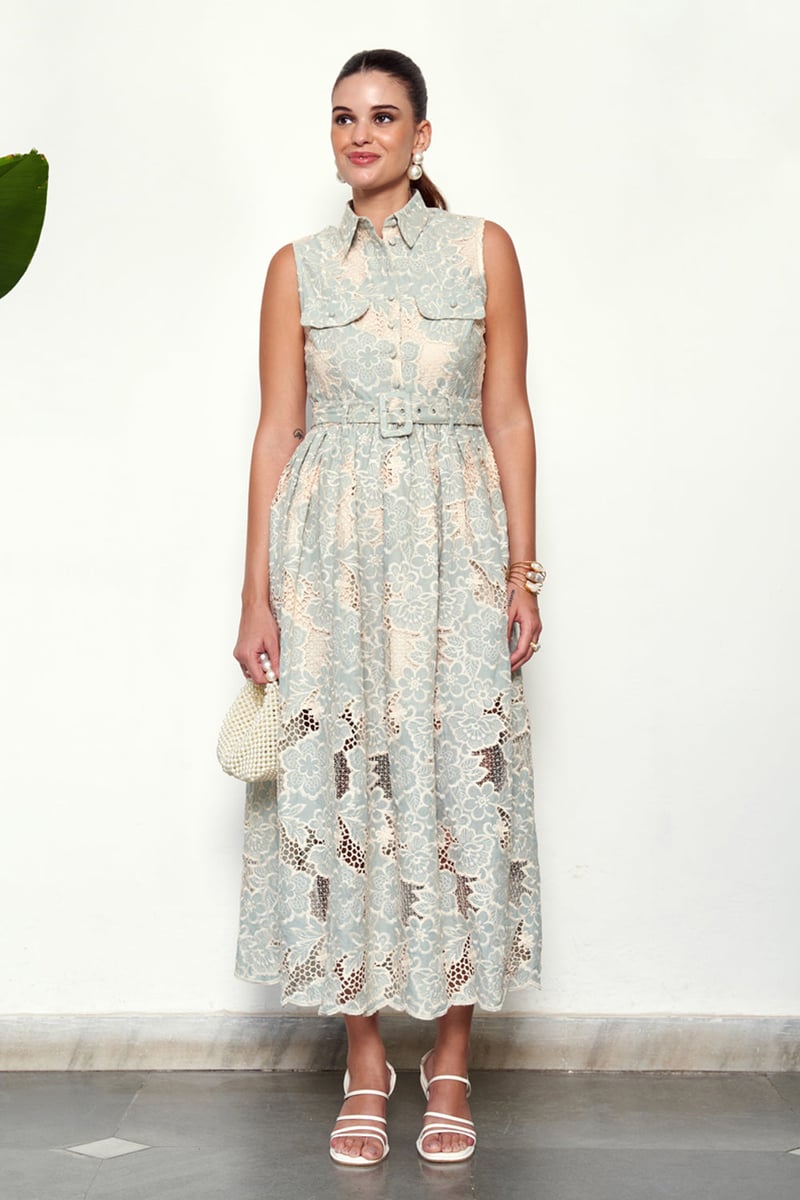 Blue Cotton Lace Collared Button-Front Maxi Dress — AVERIE
