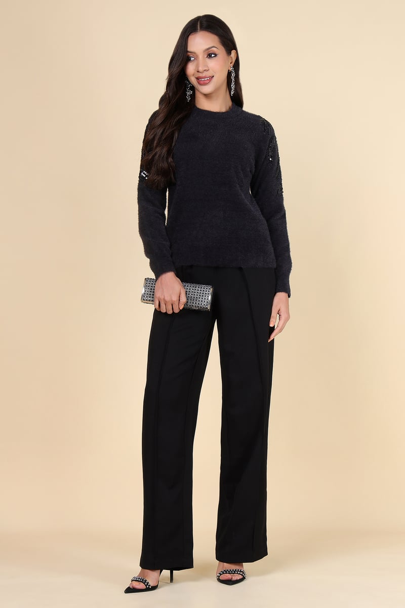 Black Embellished Shoulder Pullover Sweater