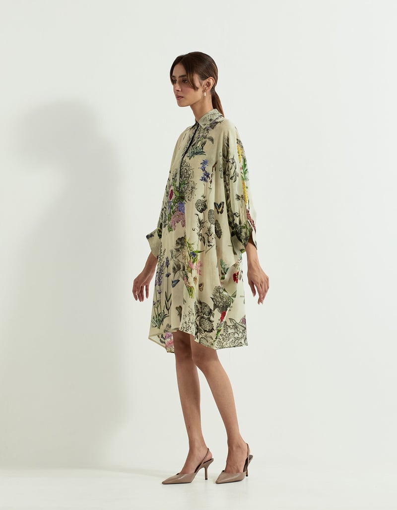 Multicolor Botanical Printed Crepe Kaftan Dress