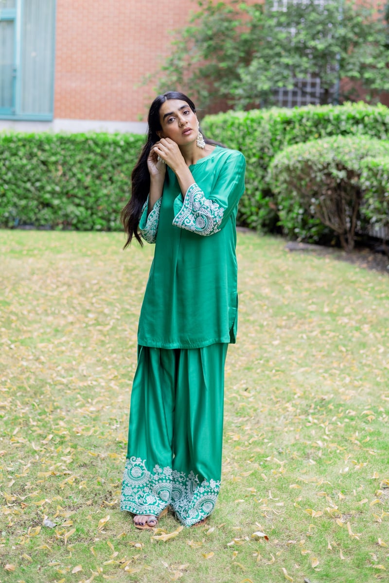 Emerald Green Embroidered Kurta and Farshi Salwar Set