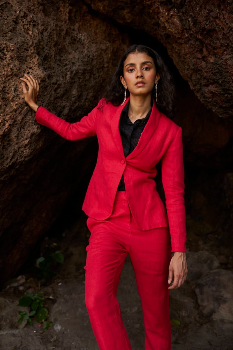 Red Linen Shawl Lapel Single-Button Tailored Blazer