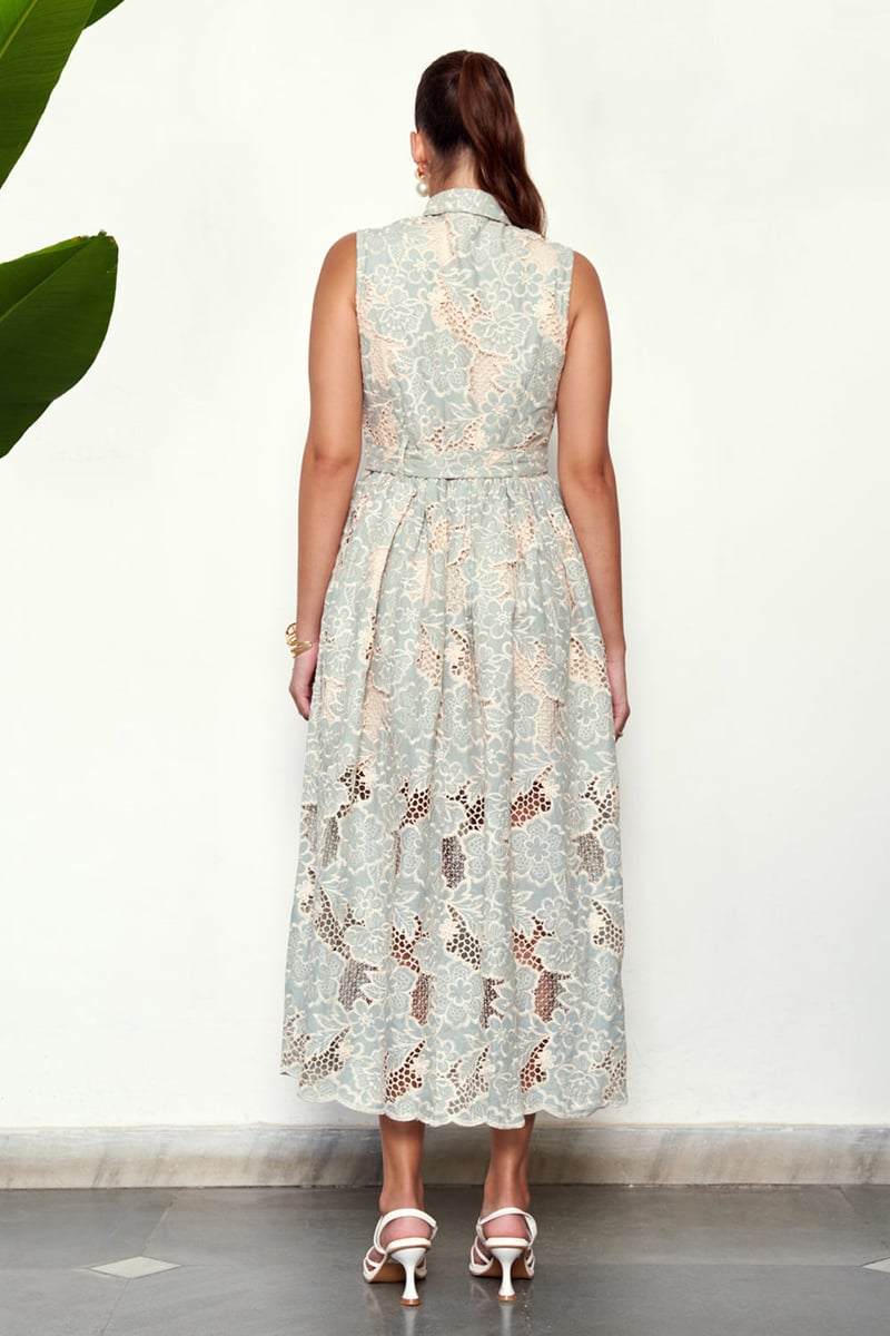 Blue Cotton Lace Collared Button-Front Maxi Dress