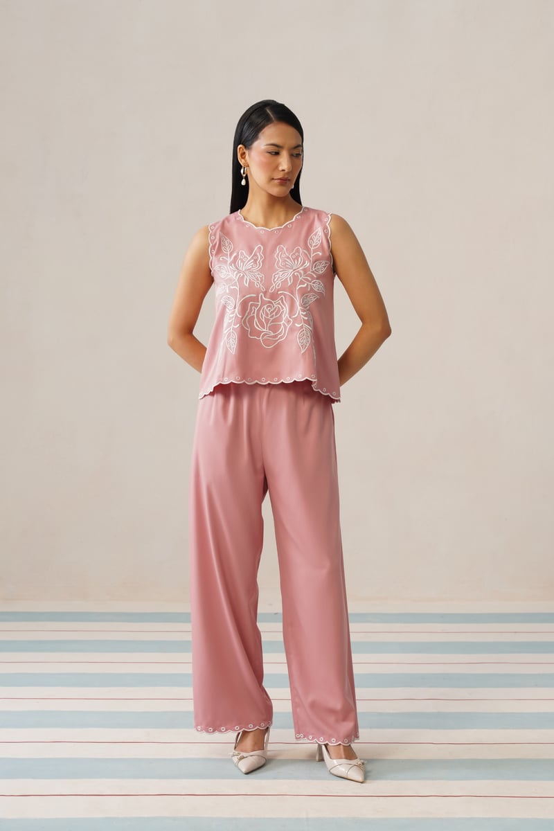 Pink Embroidered Sleeveless Top and Wide-Leg Co-ord Set