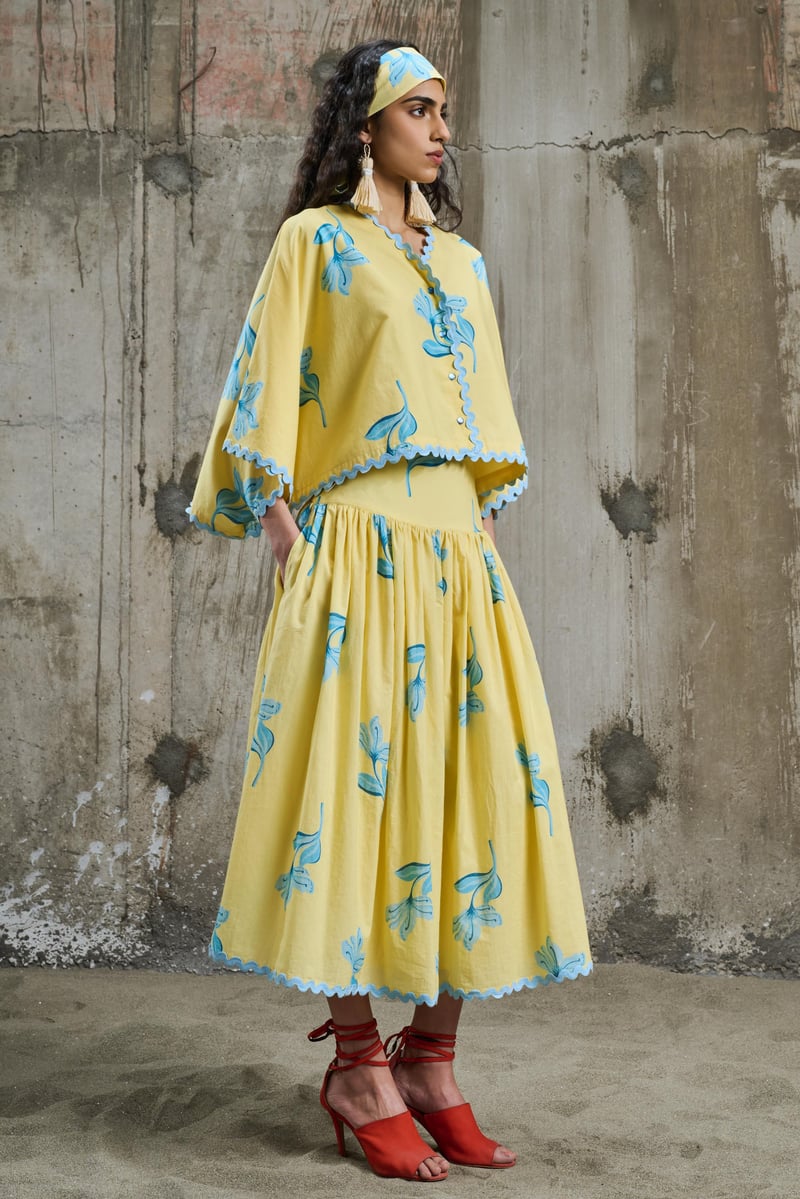 Yellow Floral Printed High-Waist Midi Skirt