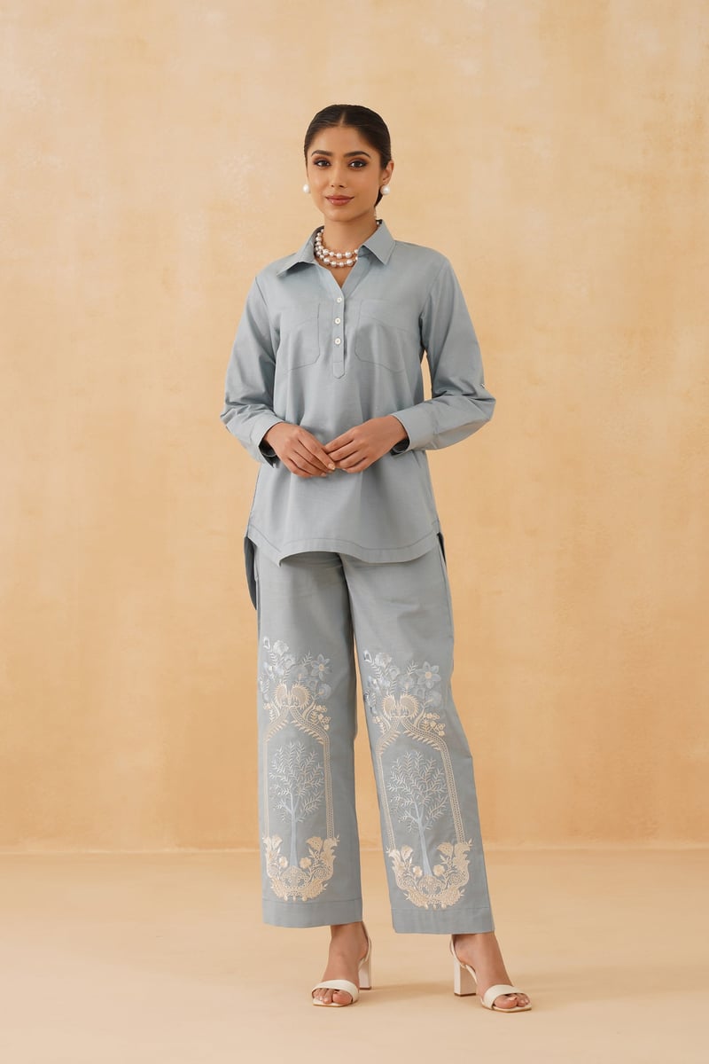 Light Blue Embroidered Tunic and Pant Co-ord Set