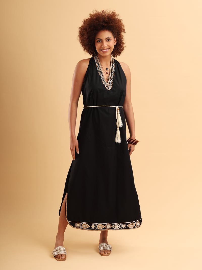 Black Halter Neck Embroidered Maxi Dress with Belt