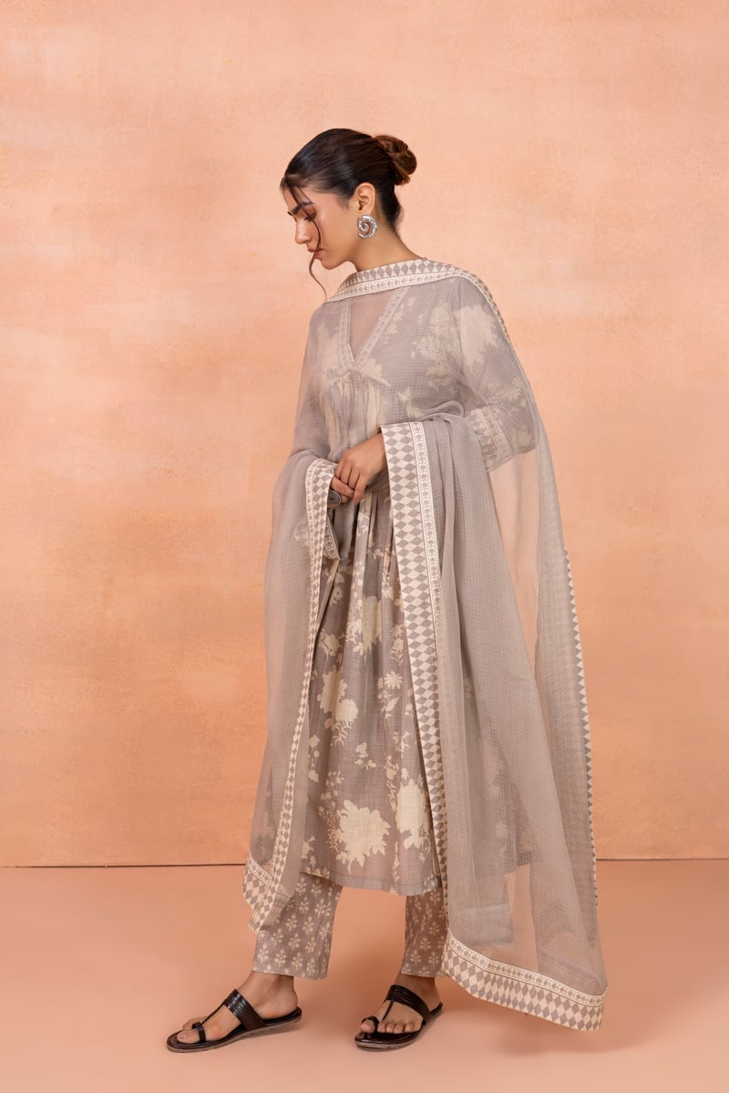 Grey Floral Print Cotton Kurta Set with Dupatta