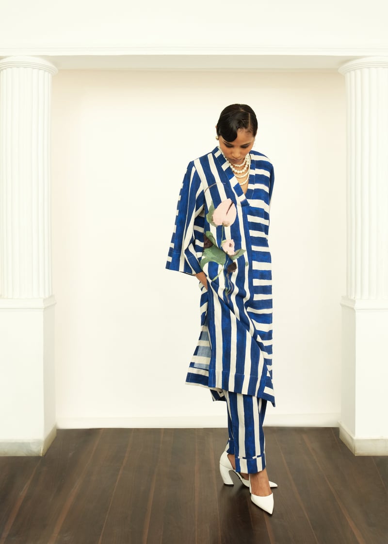 Blue and White Striped Twill Linen Anti-Fit Kurta