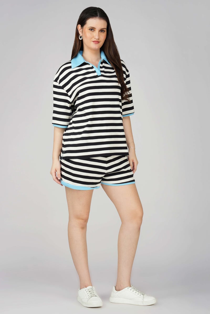 Black and White Striped Oversized Polo T-Shirt with Blue Collar — The clothing factory