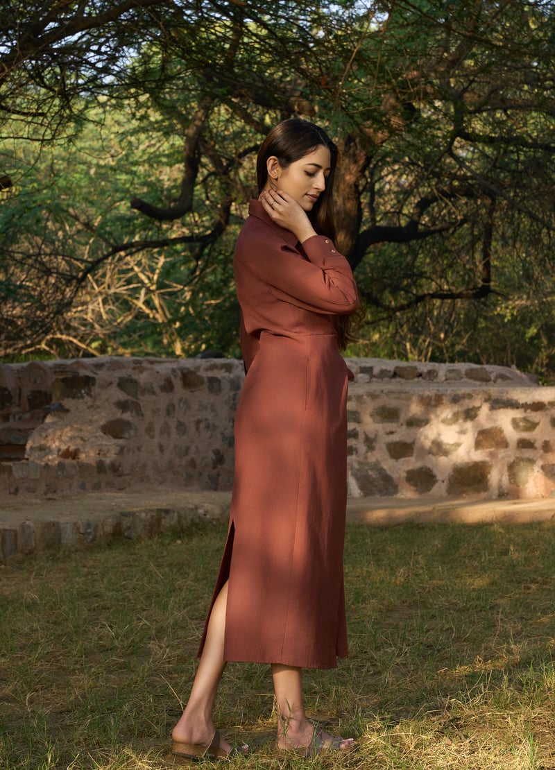 Brick Linen-Blend Tie-Front Midi Shirt Dress