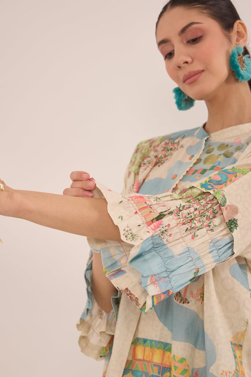 Cream Printed Tunic and Wide-Leg Pants Co-ord Set
