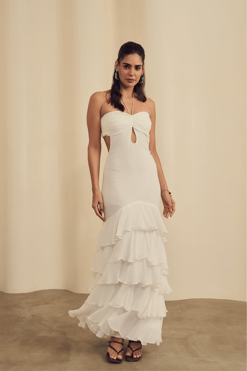 White Sweetheart Cut-Out Maxi Gown with Lace-Up Back