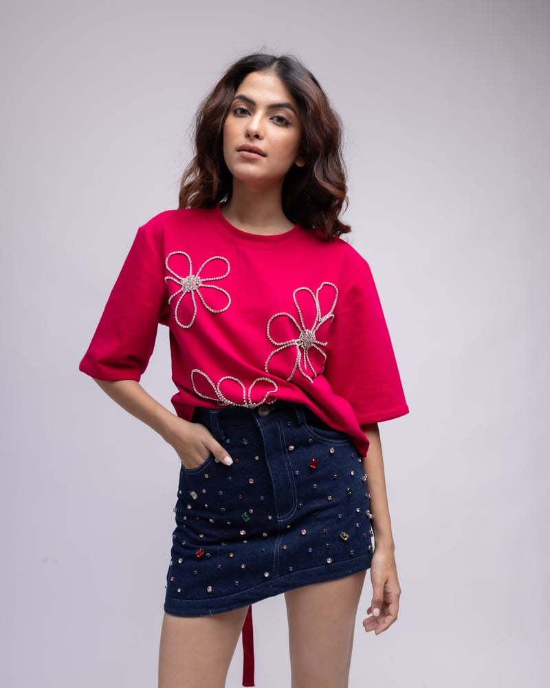 Raspberry Pink Backless Rhinestone Floral T-Shirt