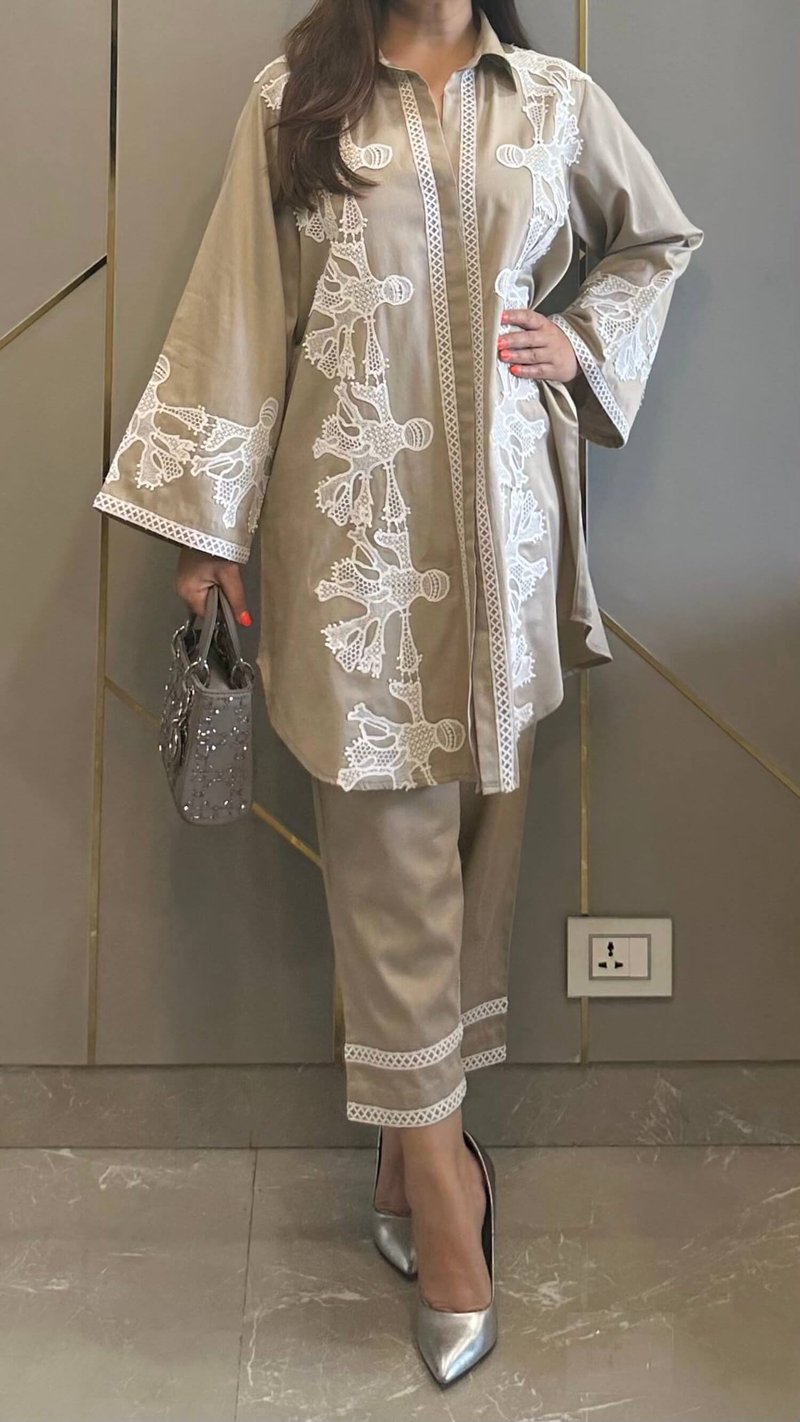 Beige Lace Applique Shirt and Pant Co-ord Set — Kylee Fashions