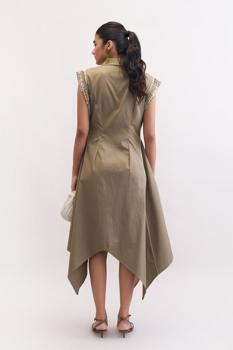 Mushroom Cotton Poplin Zip-Front Fit and Flare Midi Dress