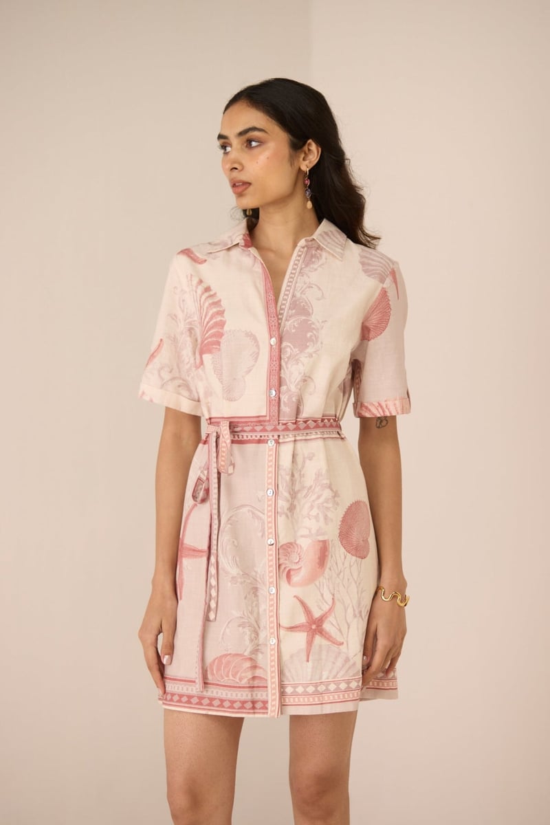 Marine Mauve Sea-Life Print Mini Shirt Dress