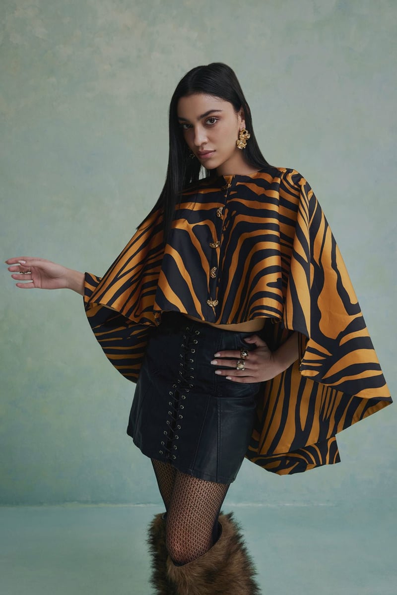 Black/Yellow Tiger Print High-Low Cape Jacket — Zabella
