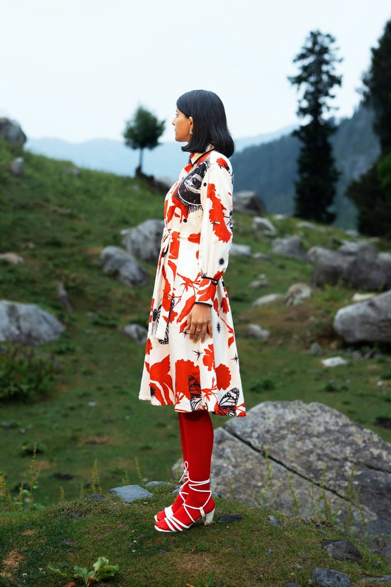 White/Red Printed Midi Shirt Dress with Detachable Belt