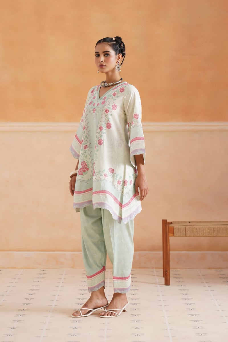 Mint Floral Printed Lawn Cotton 3-Piece Kurta Set
