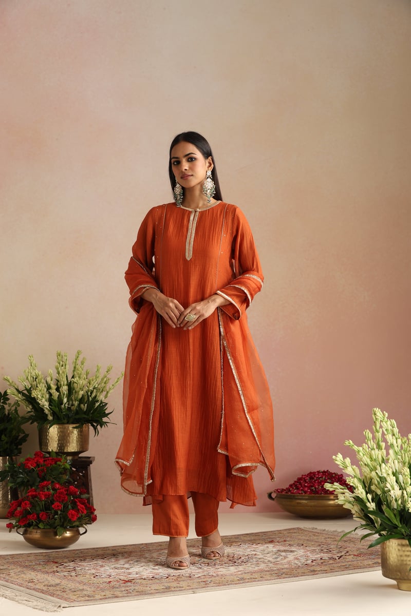 Burnt Orange Silk Chanderi Kurta Set with Gota Trim