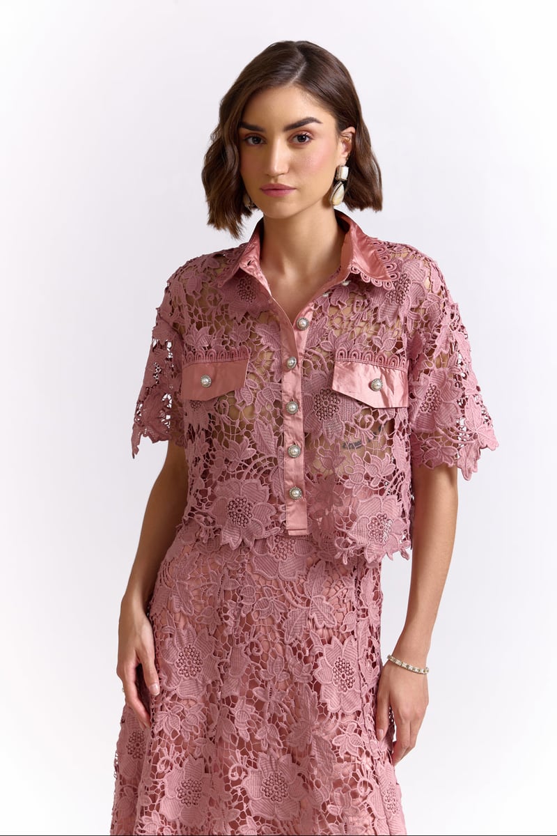 Onion Pink Lace Shirt and Midi Skirt Co-ord Set