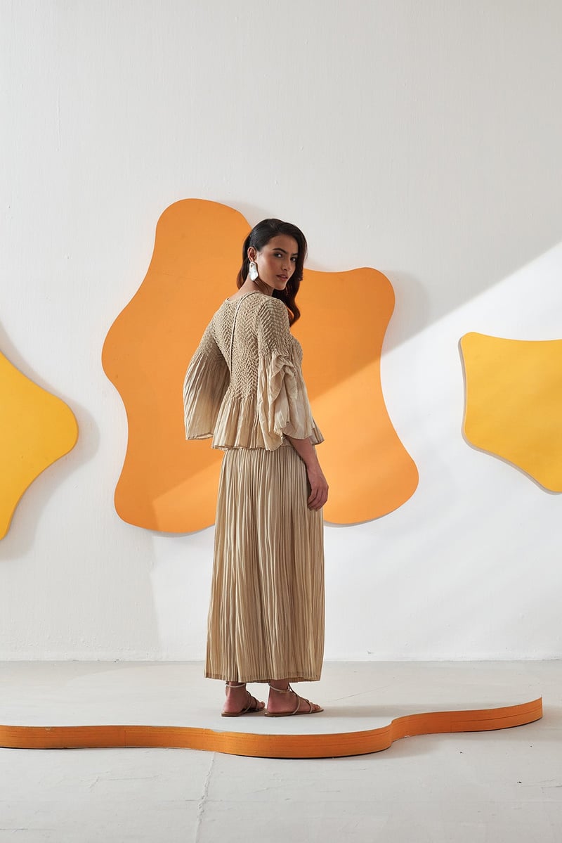 Beige Smocked Peplum Top and Pleated Pants Co-ord Set