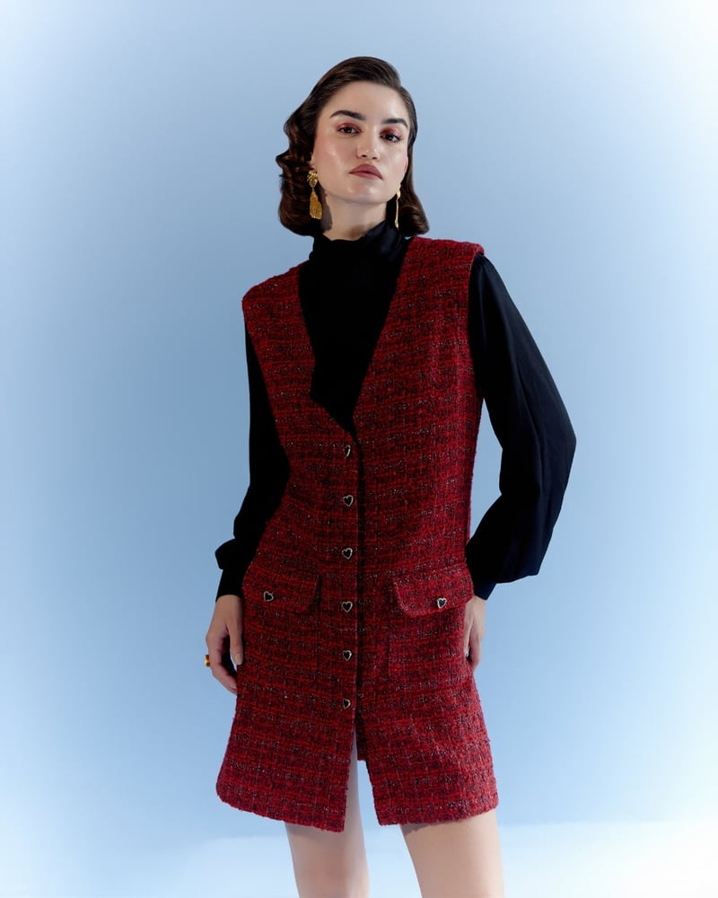 Red Tweed V-Neck Button-Front Mini Dress