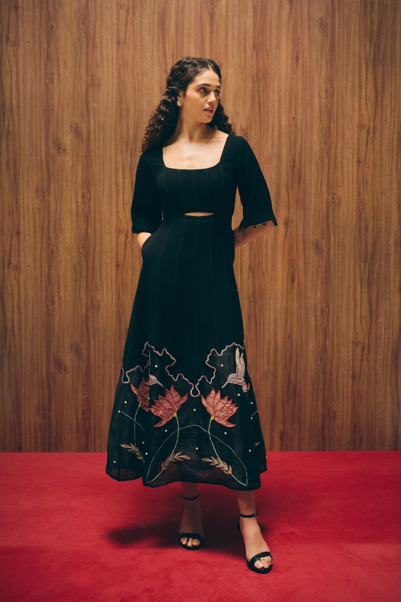 Black A-Line Midi Dress with Embroidered Organza Hem
