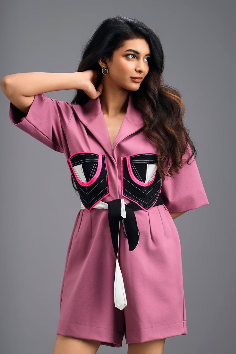 Pink Tailored Playsuit with Colour-Block Pocket Panels