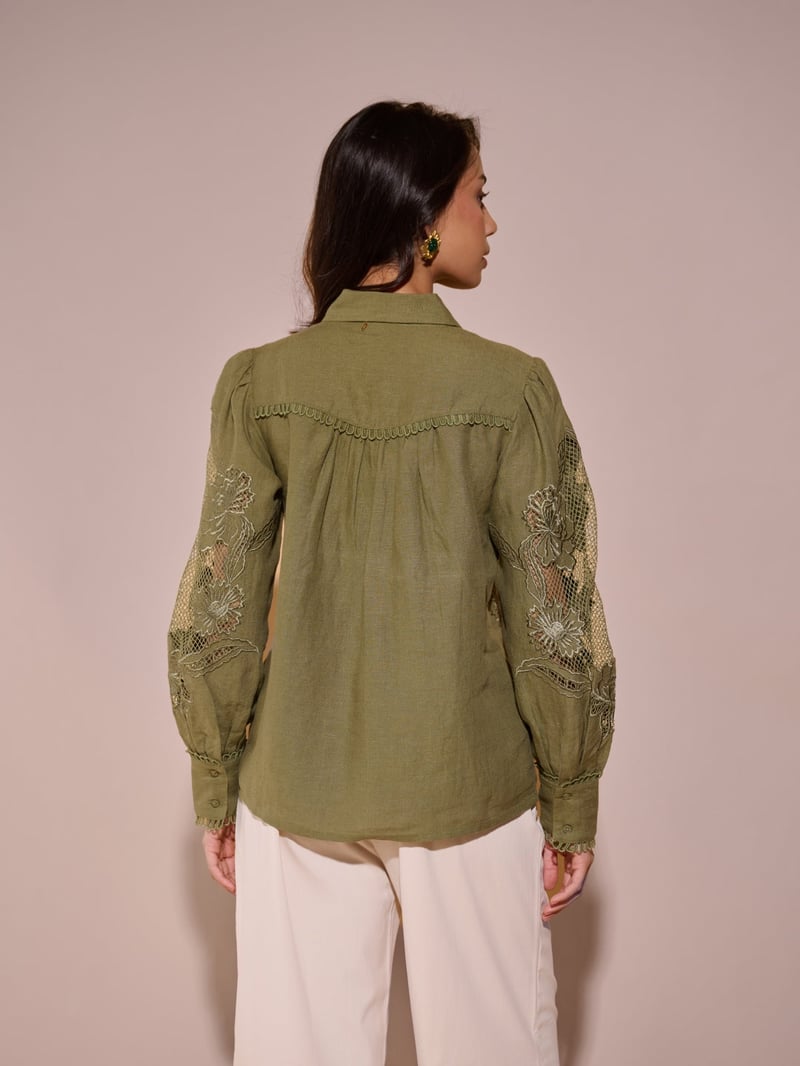 Green Linen Shirt with Sheer Lace Yoke and Sleeves