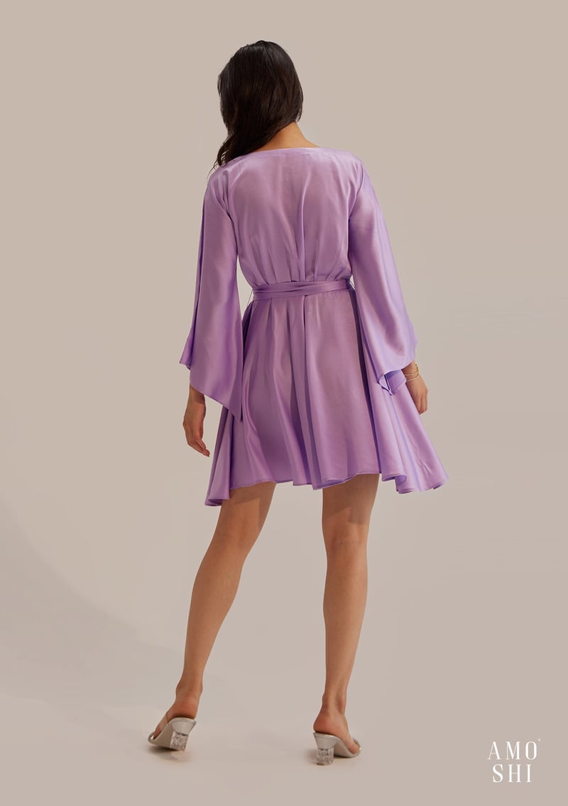 Lilac Satin Fit and Flare Mini Dress with Belt