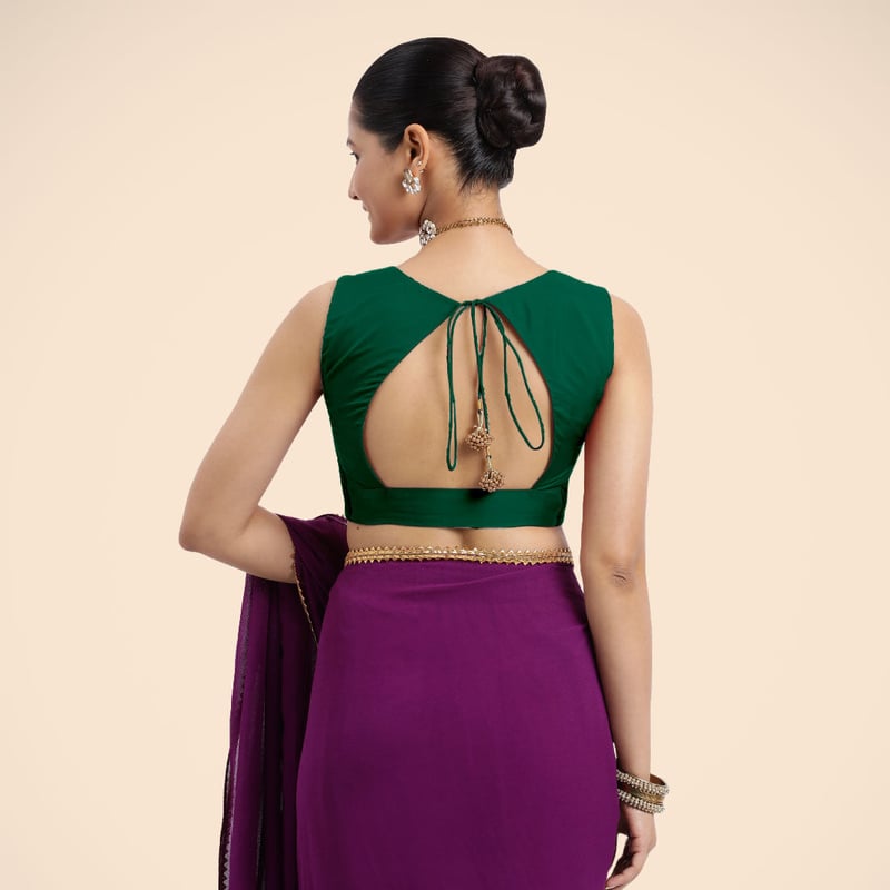 Bottle Green Sleeveless V-Neck Front Open Saree Blouse
