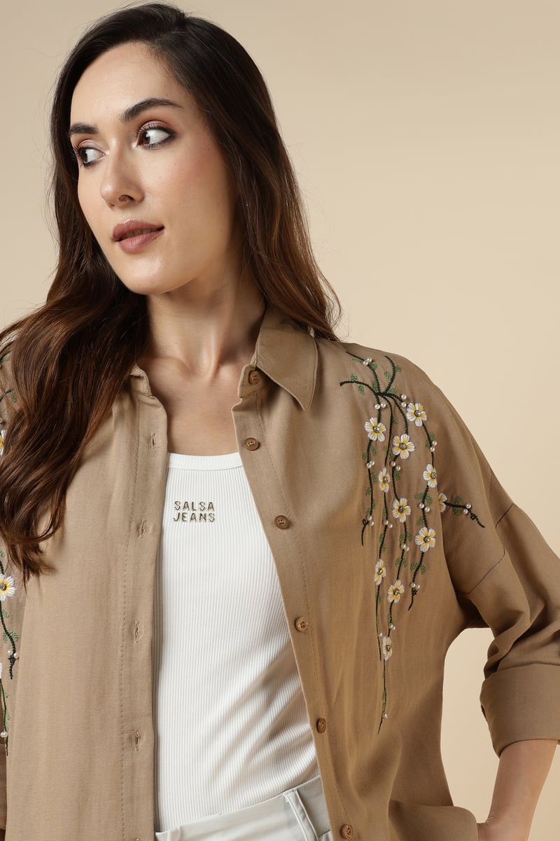 Brown Longline Embroidered Button-Down Shirt