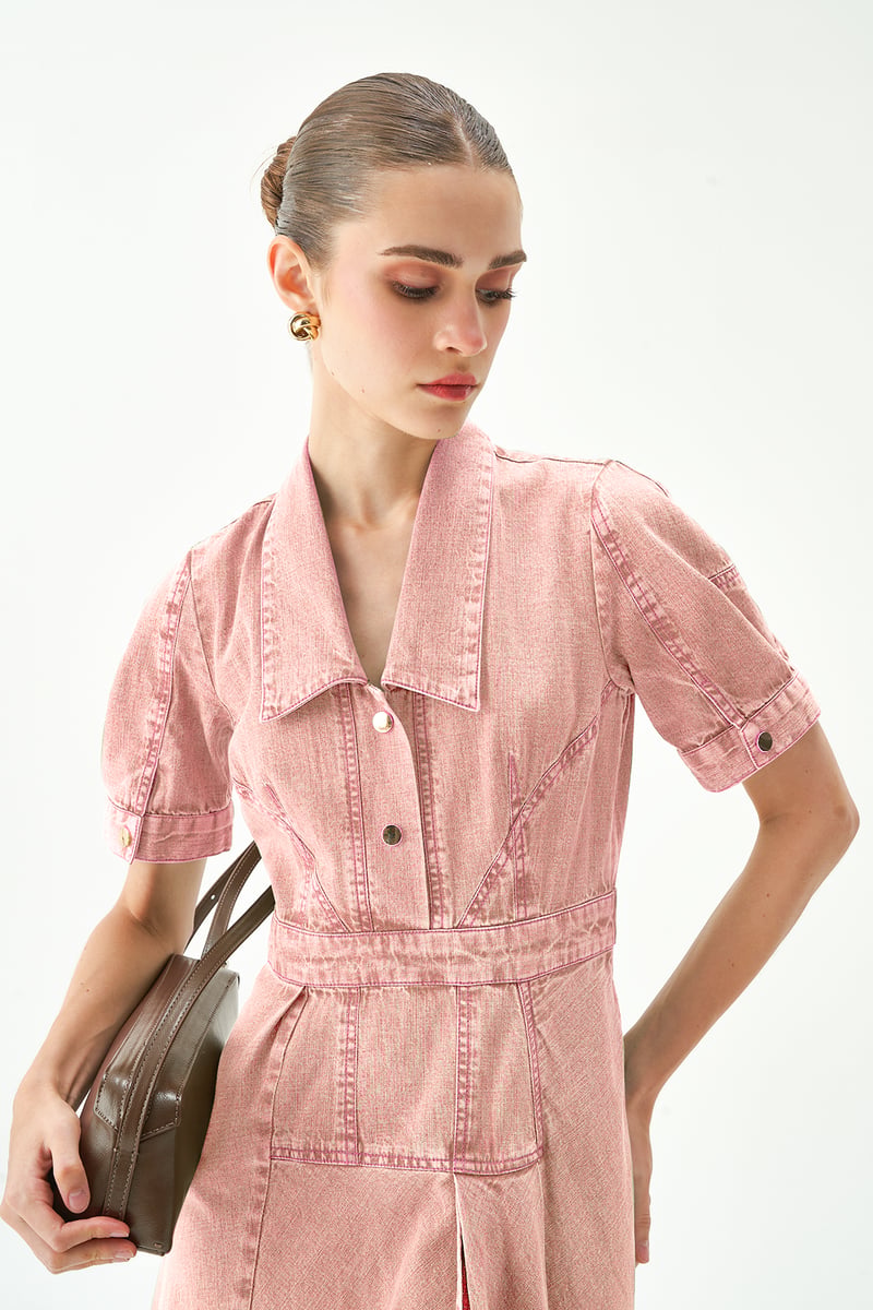 Pink Denim Collared Button-Front A-Line Midi Dress