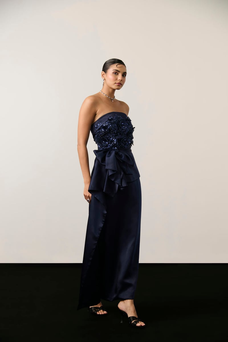 Navy Blue Satin Strapless Embellished Maxi Drape Dress
