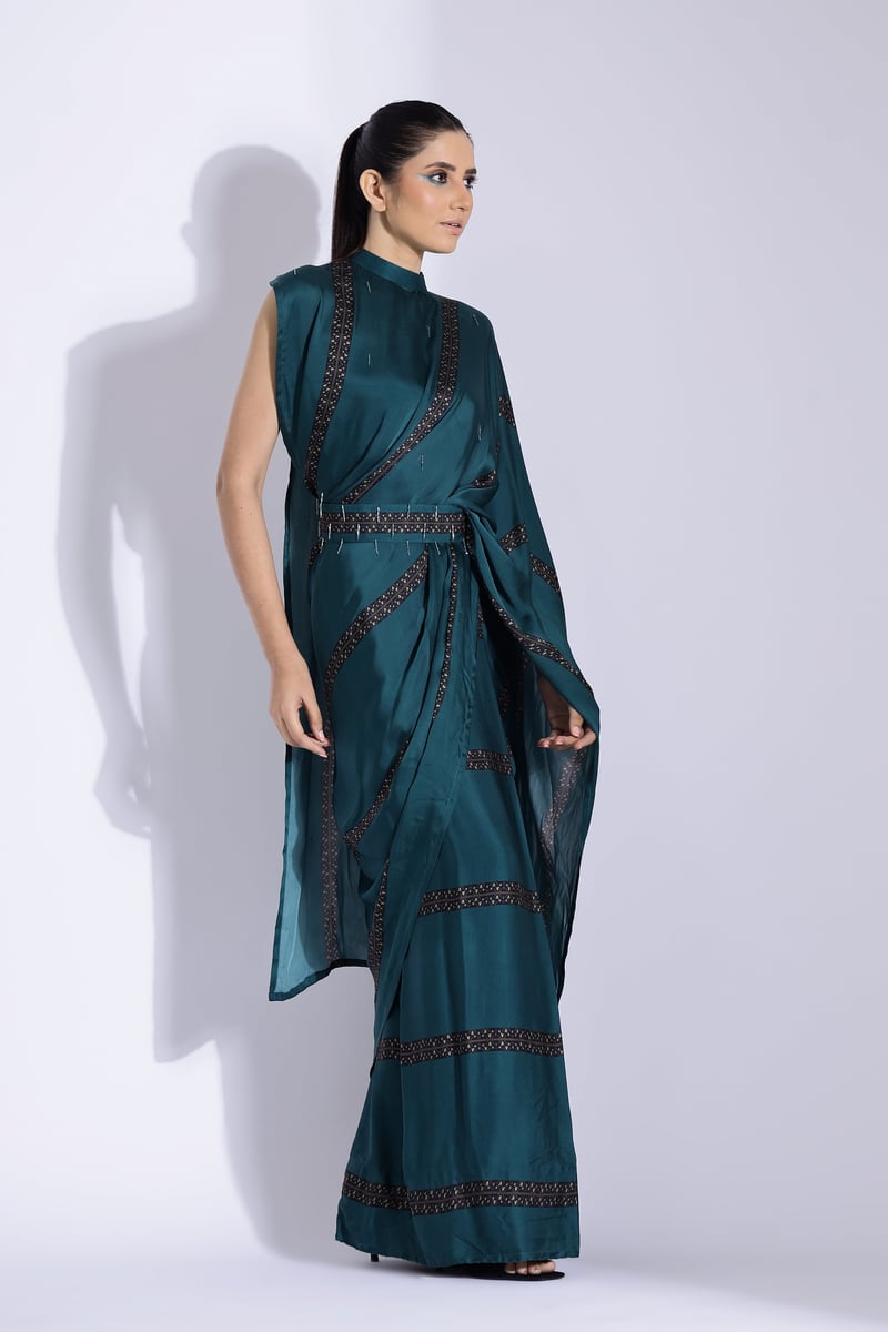 Teal Pre-Stitched Collar-Pallu Saree Set with Belt