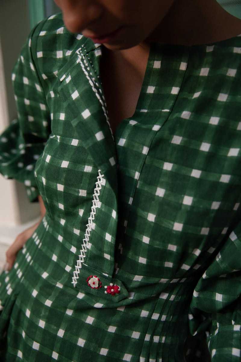 Green Checked Fit and Flare Midi Dress
