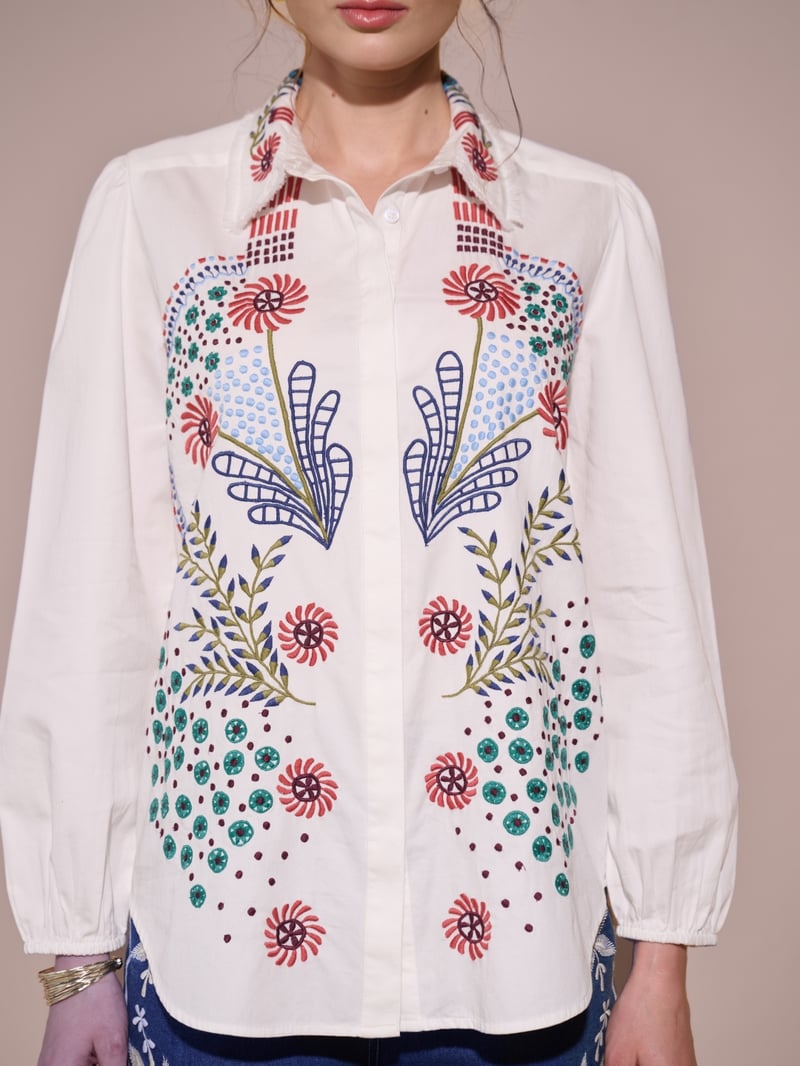 White Embroidered Cotton Button-Down Shirt