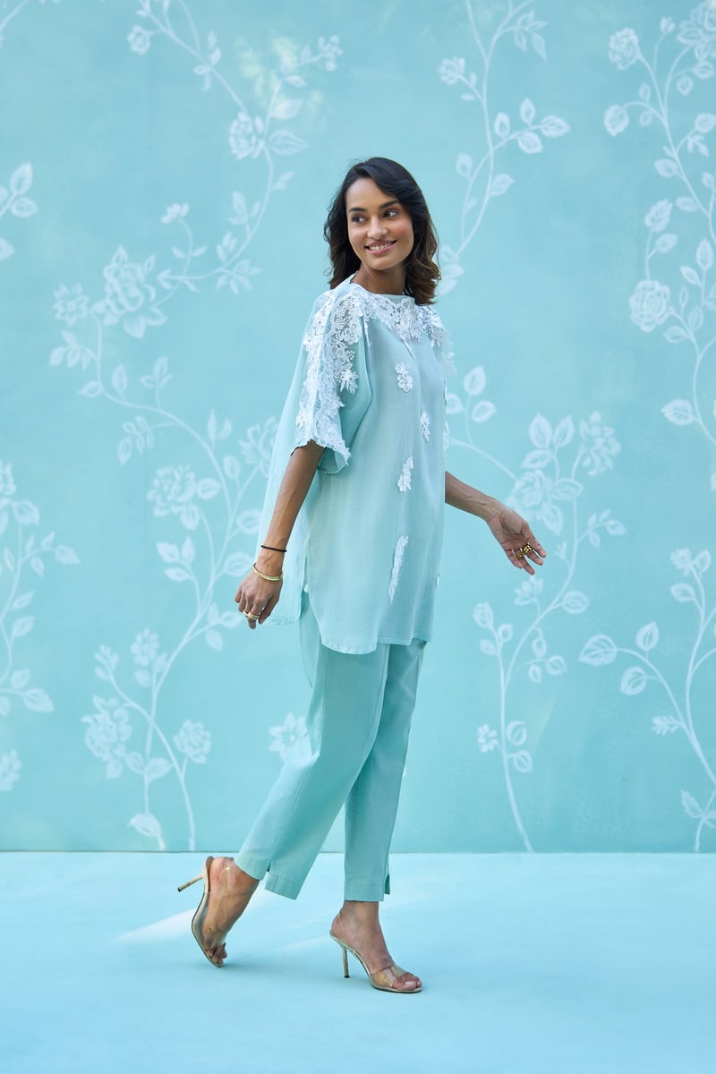 Mint Green Lace-Detail Tunic and Pants Co-ord Set