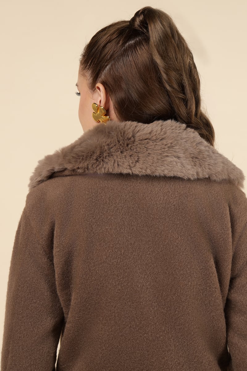 Taba Brown Cropped Jacket with Faux-Fur Collar