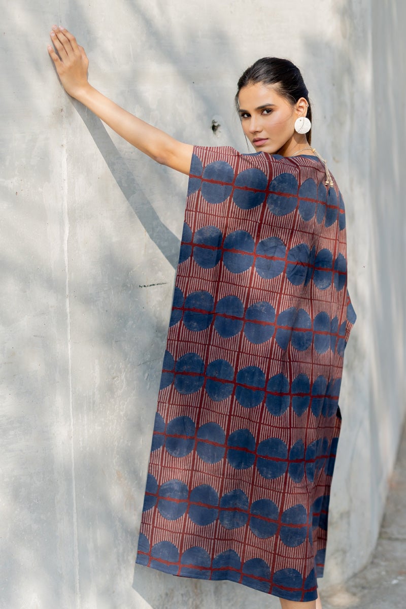 Burgundy and Blue Printed Cotton Midi Kaftan Dress