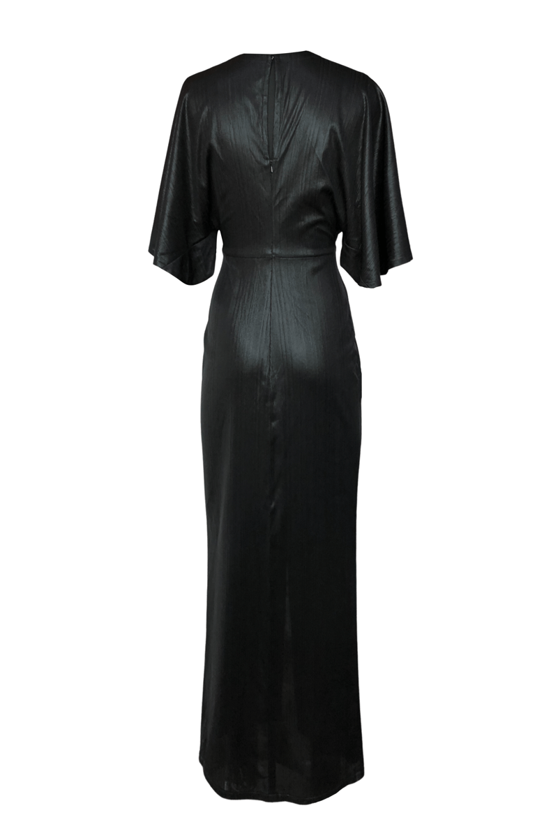 Black Lamé Draped Maxi Gown with V-Neck and Front Slit