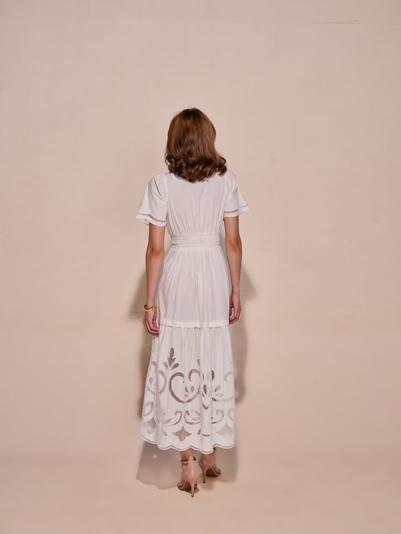 White Cotton Tiered Midi Dress with Cutwork